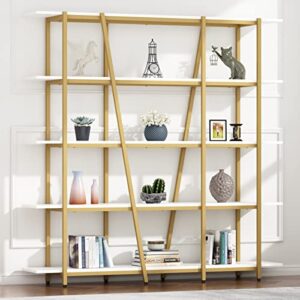Gyfimoie Book Shelf and Bookcase, Gold Triple Wide 5 Tiers Large Open Bookshelf, 70.87" W x 70.87" H Etagere Bookcases for Home Office Decor, Easy Assembly (White+Gold)
