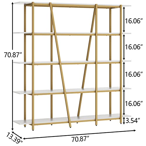 Gyfimoie Book Shelf and Bookcase, Gold Triple Wide 5 Tiers Large Open Bookshelf, 70.87" W x 70.87" H Etagere Bookcases for Home Office Decor, Easy Assembly (White+Gold)