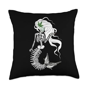 mermaid weed 420 gifts mermaid skeleton smoking weed cannabis marijuana stoner 420 throw pillow, 18x18, multicolor