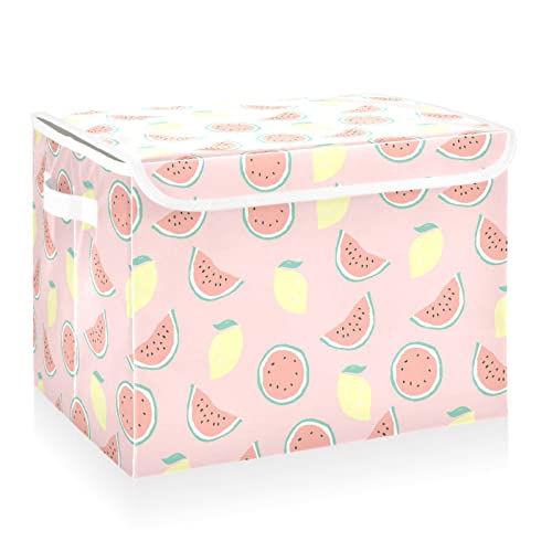 CaTaKu Watermelon Lemon Storage Bins with Lids Fabric Large Storage Container Cube Basket with Handle Decorative Storage Boxes for Organizing Clothes Shelves