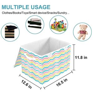 CaTaKu Cute Rainbow Waves Storage Bins with Lids Fabric Large Storage Container Cube Basket with Handle Decorative Storage Boxes for Organizing Clothes Shelves