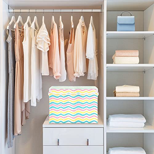 CaTaKu Cute Rainbow Waves Storage Bins with Lids Fabric Large Storage Container Cube Basket with Handle Decorative Storage Boxes for Organizing Clothes Shelves