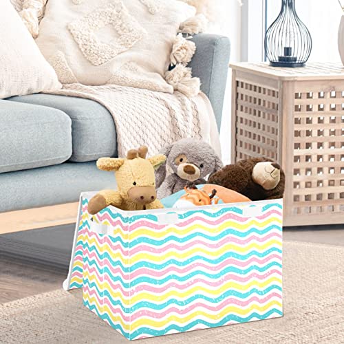 CaTaKu Cute Rainbow Waves Storage Bins with Lids Fabric Large Storage Container Cube Basket with Handle Decorative Storage Boxes for Organizing Clothes Shelves