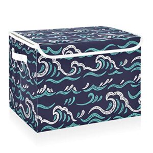 cataku sea waves dark blue storage bins with lids fabric large storage container cube basket with handle decorative storage boxes for organizing clothes shelves
