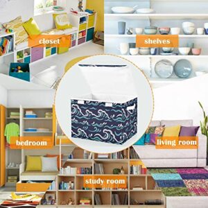 CaTaKu Sea Waves Dark Blue Storage Bins with Lids Fabric Large Storage Container Cube Basket with Handle Decorative Storage Boxes for Organizing Clothes Shelves