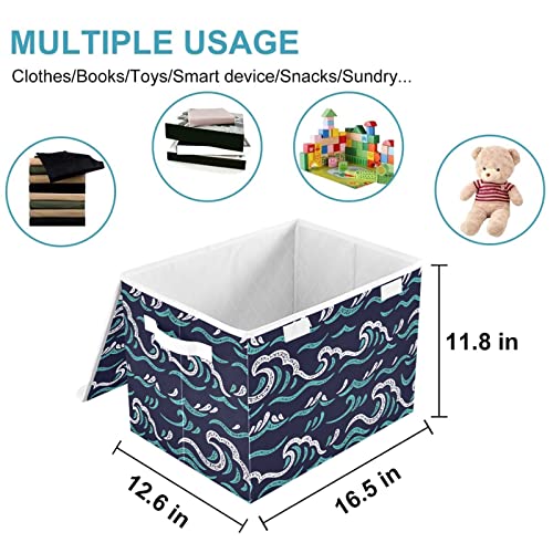 CaTaKu Sea Waves Dark Blue Storage Bins with Lids Fabric Large Storage Container Cube Basket with Handle Decorative Storage Boxes for Organizing Clothes Shelves