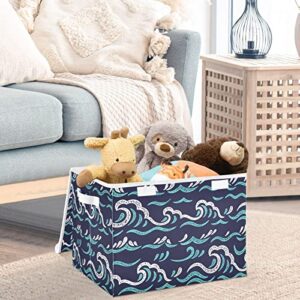 CaTaKu Sea Waves Dark Blue Storage Bins with Lids Fabric Large Storage Container Cube Basket with Handle Decorative Storage Boxes for Organizing Clothes Shelves