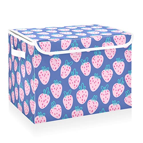 CaTaKu Strawberry Cute Blue Storage Bins with Lids Fabric Large Storage Container Cube Basket with Handle Decorative Storage Boxes for Organizing Clothes Shelves