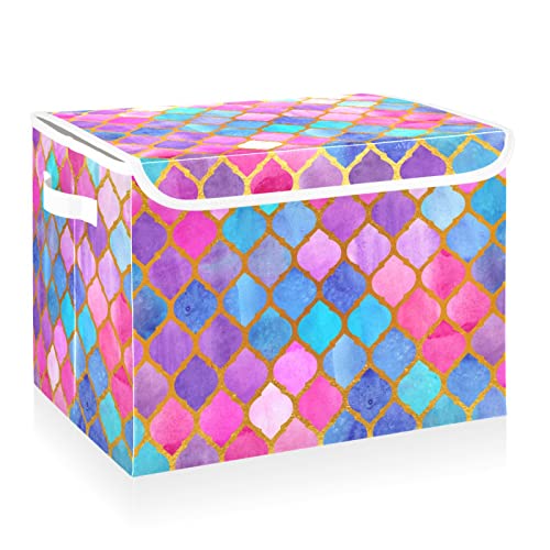 CaTaKu Lattice Rainbow Storage Bins with Lids Fabric Large Storage Container Cube Basket with Handle Decorative Storage Boxes for Organizing Clothes Shelves