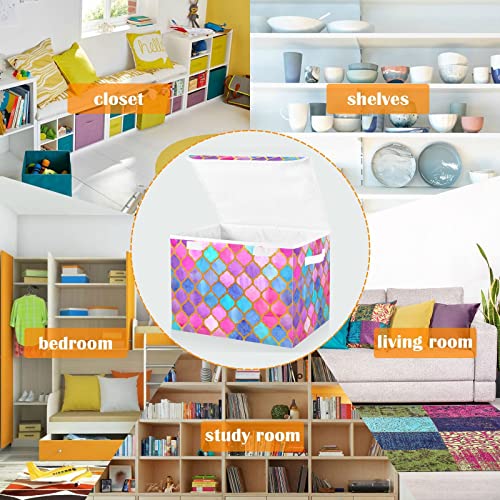 CaTaKu Lattice Rainbow Storage Bins with Lids Fabric Large Storage Container Cube Basket with Handle Decorative Storage Boxes for Organizing Clothes Shelves