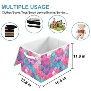 CaTaKu Lattice Rainbow Storage Bins with Lids Fabric Large Storage Container Cube Basket with Handle Decorative Storage Boxes for Organizing Clothes Shelves