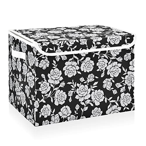 CaTaKu Black Rose Boho Storage Bins with Lids Fabric Large Storage Container Cube Basket with Handle Decorative Storage Boxes for Organizing Clothes Shelves