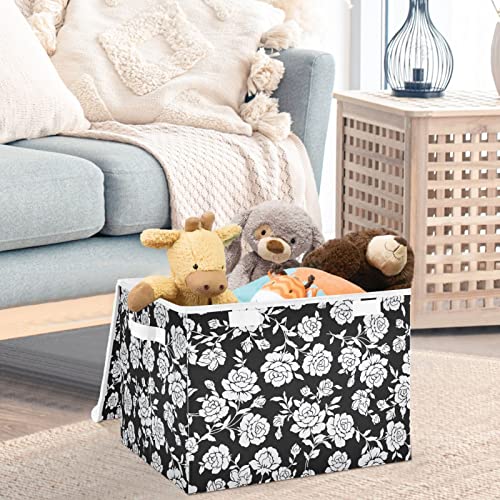 CaTaKu Black Rose Boho Storage Bins with Lids Fabric Large Storage Container Cube Basket with Handle Decorative Storage Boxes for Organizing Clothes Shelves