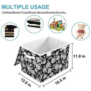 CaTaKu Black Rose Boho Storage Bins with Lids Fabric Large Storage Container Cube Basket with Handle Decorative Storage Boxes for Organizing Clothes Shelves