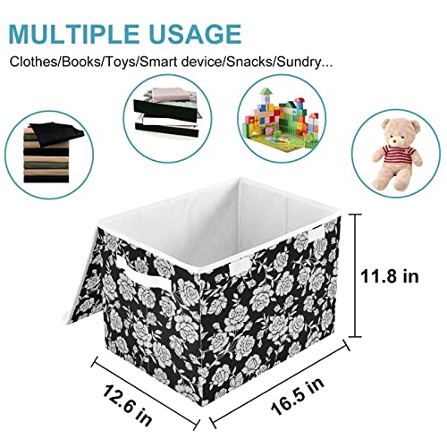 CaTaKu Black Rose Boho Storage Bins with Lids Fabric Large Storage Container Cube Basket with Handle Decorative Storage Boxes for Organizing Clothes Shelves