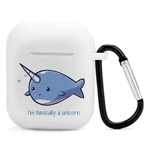 blue narwhal funny unicorn silicone airpods case protective cover compatible with airpods 2 & 1 with keychain