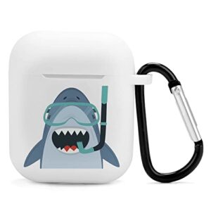 cute white shark with diving silicone airpods case protective cover compatible with airpods 2 & 1 with keychain