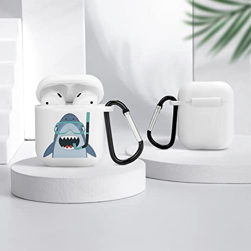 Cute White Shark with Diving Silicone AirPods Case Protective Cover Compatible with AirPods 2 & 1 with Keychain