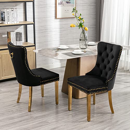 Aoowow Velvet Upholstered Dining Chairs Set of 2, Wingback Armless Side Chairs Button Tufted with Golden Stainless Steel Plating Legs for Kitchen Dining Room (Black-Gold)