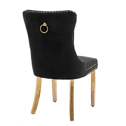 Aoowow Velvet Upholstered Dining Chairs Set of 2, Wingback Armless Side Chairs Button Tufted with Golden Stainless Steel Plating Legs for Kitchen Dining Room (Black-Gold)