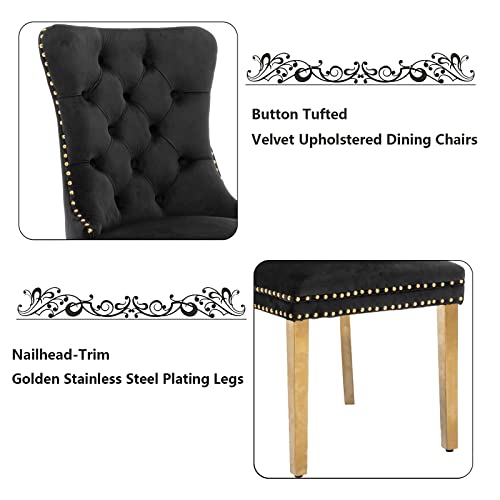 Aoowow Velvet Upholstered Dining Chairs Set of 2, Wingback Armless Side Chairs Button Tufted with Golden Stainless Steel Plating Legs for Kitchen Dining Room (Black-Gold)
