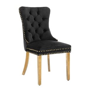 Aoowow Velvet Upholstered Dining Chairs Set of 2, Wingback Armless Side Chairs Button Tufted with Golden Stainless Steel Plating Legs for Kitchen Dining Room (Black-Gold)