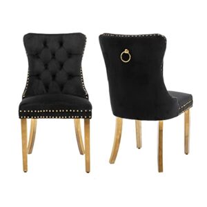 Aoowow Velvet Upholstered Dining Chairs Set of 2, Wingback Armless Side Chairs Button Tufted with Golden Stainless Steel Plating Legs for Kitchen Dining Room (Black-Gold)