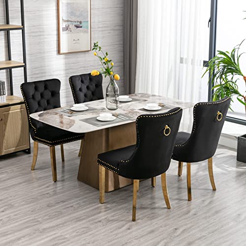 Aoowow Velvet Upholstered Dining Chairs Set of 2, Wingback Armless Side Chairs Button Tufted with Golden Stainless Steel Plating Legs for Kitchen Dining Room (Black-Gold)