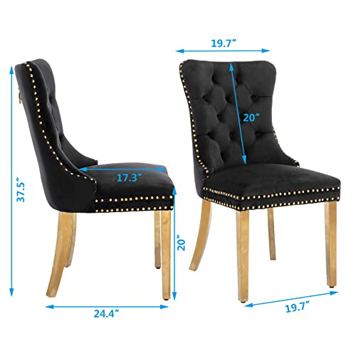 Aoowow Velvet Upholstered Dining Chairs Set of 2, Wingback Armless Side Chairs Button Tufted with Golden Stainless Steel Plating Legs for Kitchen Dining Room (Black-Gold)