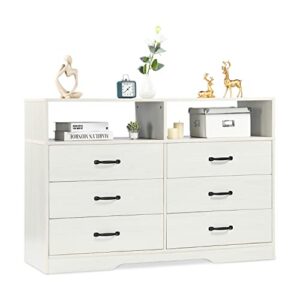 Catrimown White 6 Drawer Dresser for Bedroom Mid Century Modern Dresser Chest of Drawer for Bedroom White Dresser with Shelves Wood Wide Double Dresser for Bedroom Living Room, Wash White