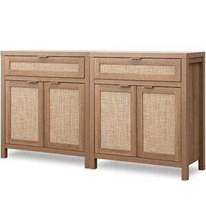 sicotas sideboard buffet cabinet set of 2, rattan credenza storage cabinet, boho buffet table console with drawer, farmhouse coffee bar cabinet for entryway living dining room, natural oak