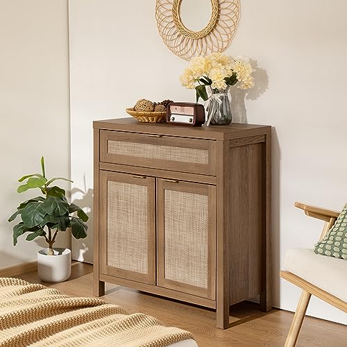 SICOTAS Sideboard Buffet Cabinet Set of 2, Rattan Credenza Storage Cabinet, Boho Buffet Table Console with Drawer, Farmhouse Coffee Bar Cabinet for Entryway Living Dining Room, Natural Oak