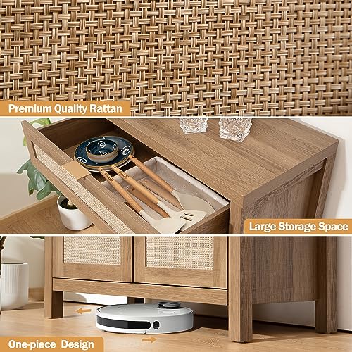 SICOTAS Sideboard Buffet Cabinet Set of 2, Rattan Credenza Storage Cabinet, Boho Buffet Table Console with Drawer, Farmhouse Coffee Bar Cabinet for Entryway Living Dining Room, Natural Oak