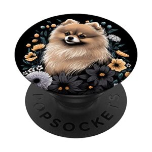 pomeranian puppy dog with flowers floral art painting black popsockets swappable popgrip