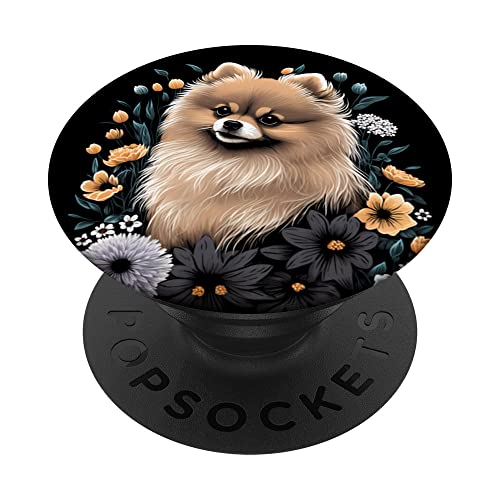 Pomeranian Puppy Dog with Flowers Floral Art Painting Black PopSockets Swappable PopGrip