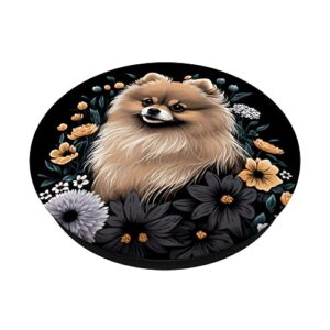 Pomeranian Puppy Dog with Flowers Floral Art Painting Black PopSockets Swappable PopGrip