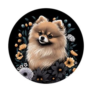 Pomeranian Puppy Dog with Flowers Floral Art Painting Black PopSockets Swappable PopGrip