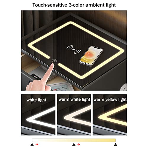 Modern Bedside Table Smart 2-Tier Night Stand with Sensor LED Lights and Fingerprint Lock Drawer for Living Room Bedroom Dorm (Color : C 3-Drawers, Size : B no Fingerprints)