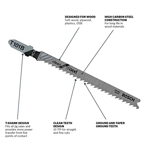 BOSCH T101B 4-Inch 10-Tooth T-Shank Jig Saw Blades (5-Pack), Silver