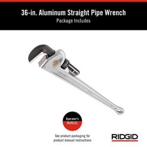 RIDGID 31110 Model 836 Aluminum Straight 36" Plumbing Pipe Wrench, Silver, Made In The USA