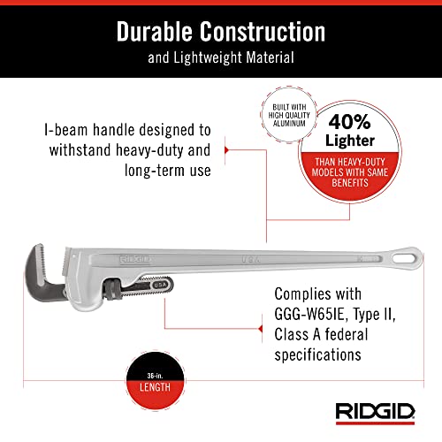 RIDGID 31110 Model 836 Aluminum Straight 36" Plumbing Pipe Wrench, Silver, Made In The USA