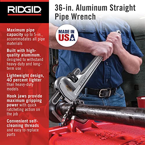 RIDGID 31110 Model 836 Aluminum Straight 36" Plumbing Pipe Wrench, Silver, Made In The USA