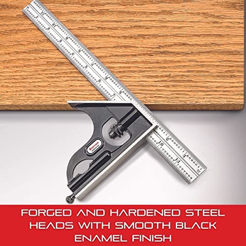 Starrett Steel Combination Square with Square Head - 12" Blade Length, Forged and Hardened Steel Heads, Reversible Lock Bolt, Scriber, 4R Graduation Type - C33H-12-4R