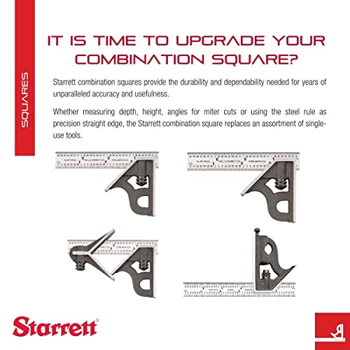 Starrett Steel Combination Square with Square Head - 12" Blade Length, Forged and Hardened Steel Heads, Reversible Lock Bolt, Scriber, 4R Graduation Type - C33H-12-4R