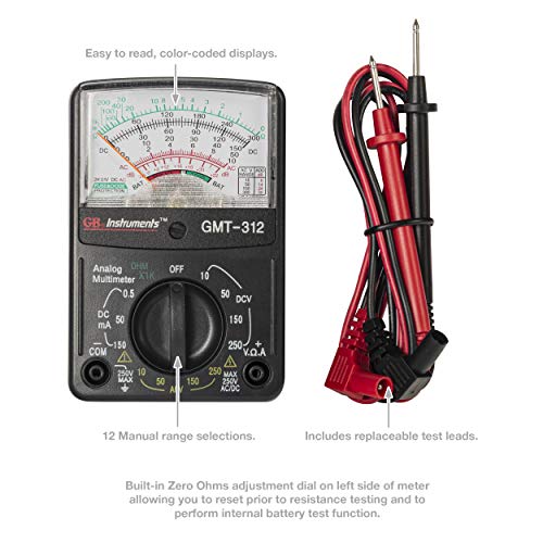 Gardner Bender GMT-312 Analog Multimeter, 5 Function / 12 Range, 300V AC/DC, for AC / DC Voltage & Current, Resistance, Continuity & Batteries , Black