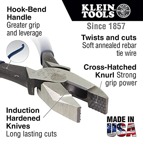 Klein Tools D201-7CST Ironworker Pliers, Spring Loaded Side Cutters, Twists and Cuts Annealed Rebar Tie Wire, Heavy-duty Knurled Jaws, 9-Inch Long