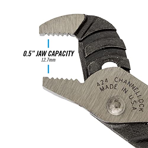 CHANNELLOCK 424 Straight Jaw Tongue & Groove Pliers, 4.5-inch | 1/2-inch Jaw Capacity | 3 Adjustments | Forged High-Carbon U.S. Steel | 90° Teeth Grip in Both Directions | Made in USA, Polished Steel