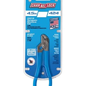 CHANNELLOCK 424 Straight Jaw Tongue & Groove Pliers, 4.5-inch | 1/2-inch Jaw Capacity | 3 Adjustments | Forged High-Carbon U.S. Steel | 90° Teeth Grip in Both Directions | Made in USA, Polished Steel