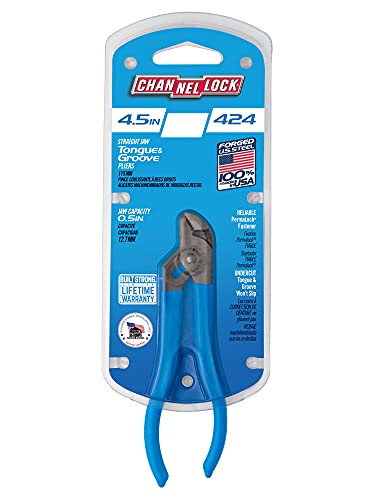 CHANNELLOCK 424 Straight Jaw Tongue & Groove Pliers, 4.5-inch | 1/2-inch Jaw Capacity | 3 Adjustments | Forged High-Carbon U.S. Steel | 90° Teeth Grip in Both Directions | Made in USA, Polished Steel