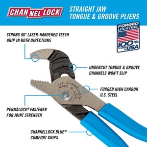 CHANNELLOCK 424 Straight Jaw Tongue & Groove Pliers, 4.5-inch | 1/2-inch Jaw Capacity | 3 Adjustments | Forged High-Carbon U.S. Steel | 90° Teeth Grip in Both Directions | Made in USA, Polished Steel